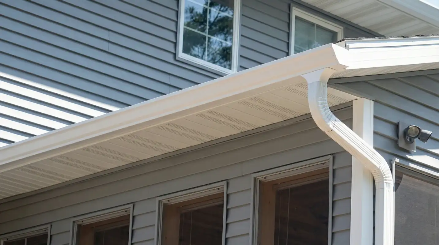 Professional home remodeling project showing newly installed white seamless gutters and downspouts on a house with gray siding in Staten Island, NY