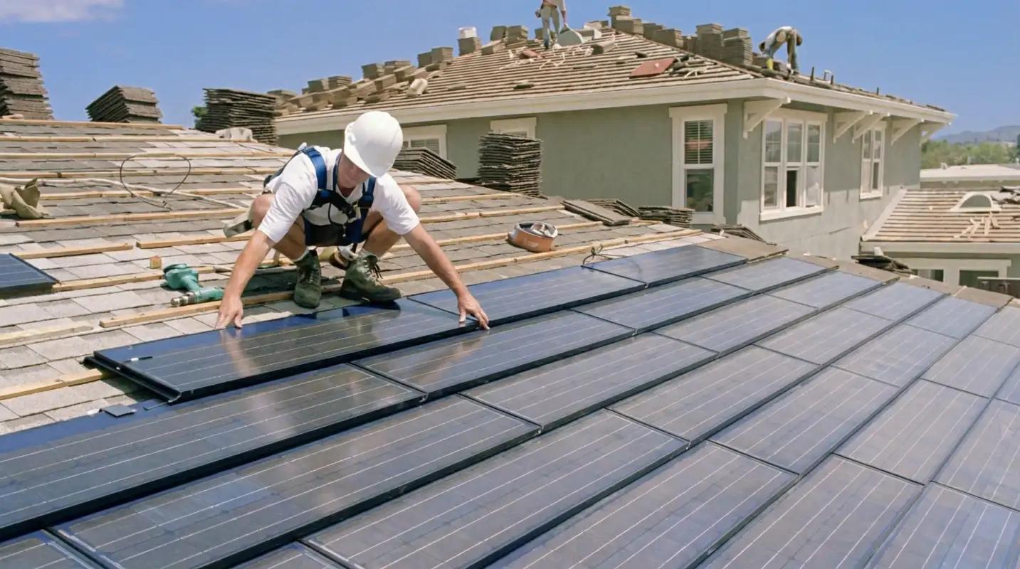 Roof replacement expert installing modern solar shingles on a residential home in Staten Island, NY