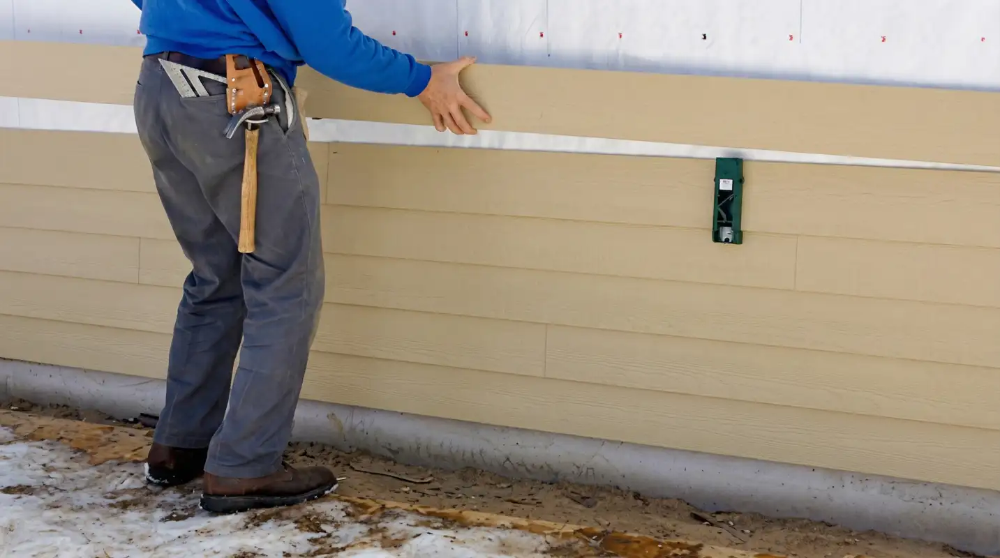 Siding replacement expert carefully aligning a new tan siding panel onto a residential exterior wall in Staten Island, NY