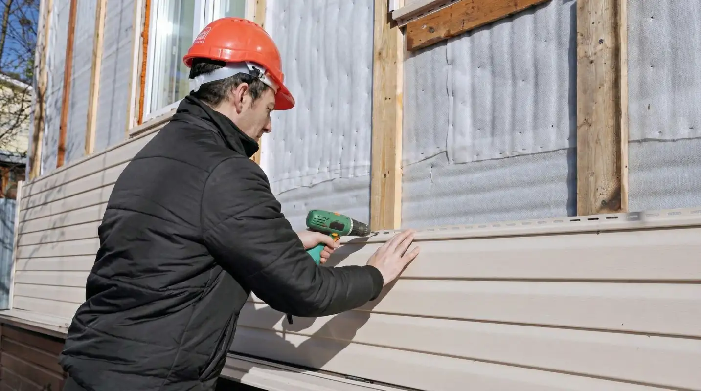 Siding replacement professional using a power drill to install new tan vinyl siding on a home exterior in Staten Island, NY
