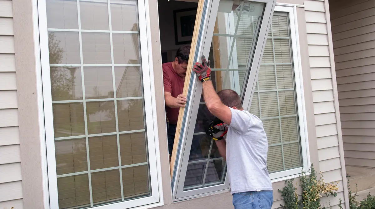 Professional home remodeling team installing a large replacement window on a house with tan siding in Staten Island, NY