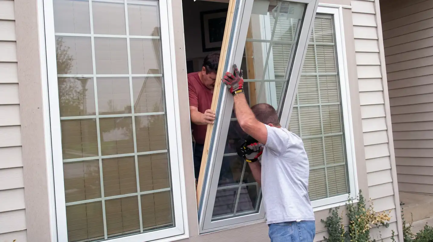 Professional home remodeling team installing a large replacement window on a house with tan siding in Staten Island, NY